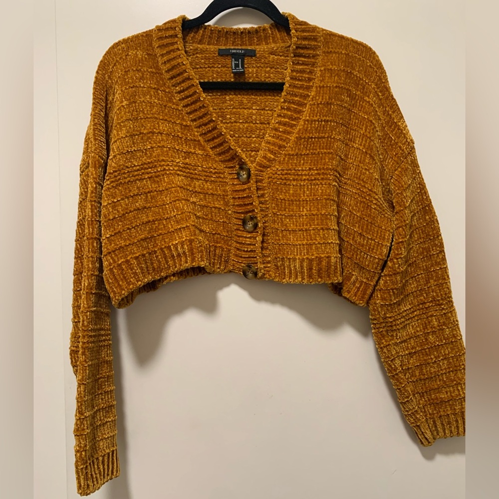 Forever 21 Mustard Crop Button Up Sweater Size M